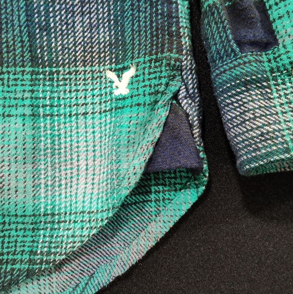 American Eagle Button Up Flannel Hoodie, Vintage Boyfriend, Large, Green Plaid - Picture 4 of 9